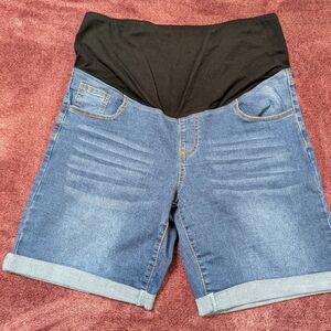 Faocome women's maternity denim shorts over the belly comfy stretch Bermuda jean